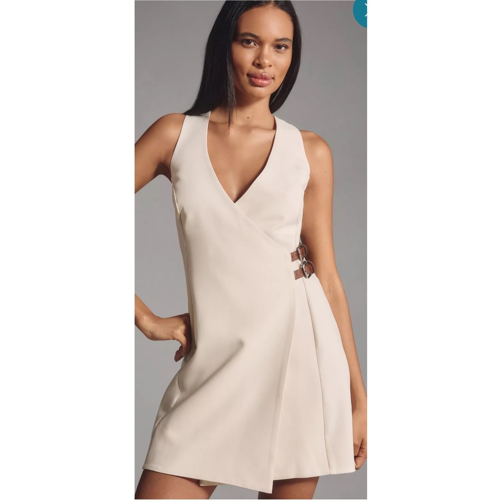 Anthropologie Sleeveless Mini Dress Faux Wrap‎ Buckle Detail Neutral L